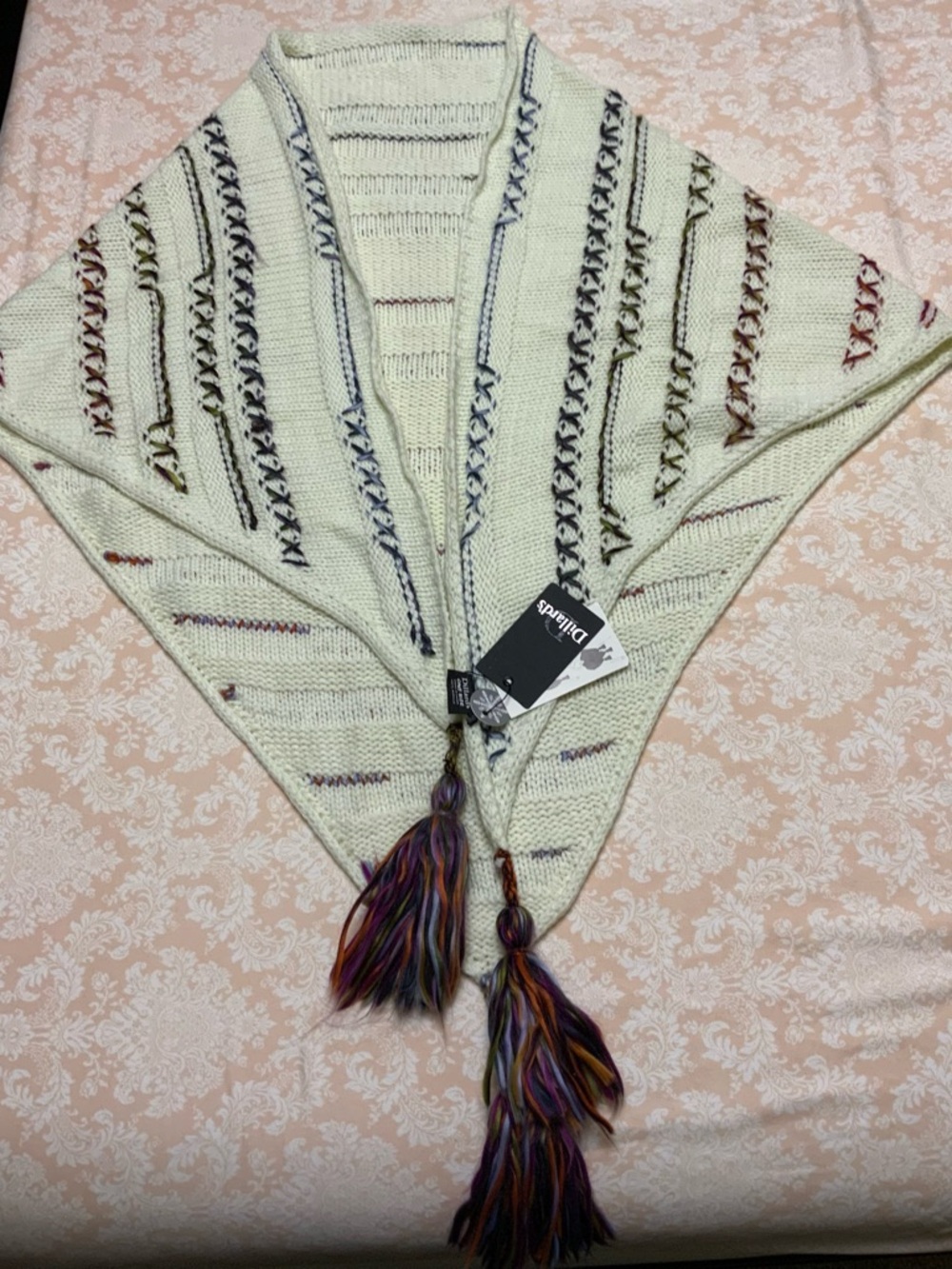 Dillard's Cream Knit Tassel Wrap Shawl Scarf